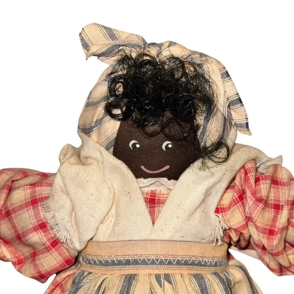 Vtg Primitive Folk Art Cloth Doll Hand Made Americana Woman Curly Hair